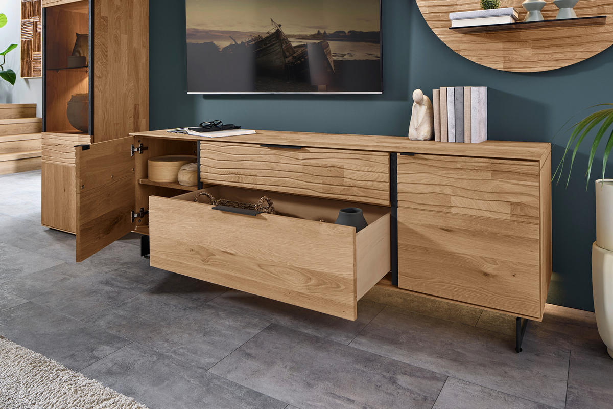 WOHNWAND  in Eichefarben  318/206/44 cm  - Eichefarben/Anthrazit, Natur, Glas/Holz (318/206/44cm) - Valnatura