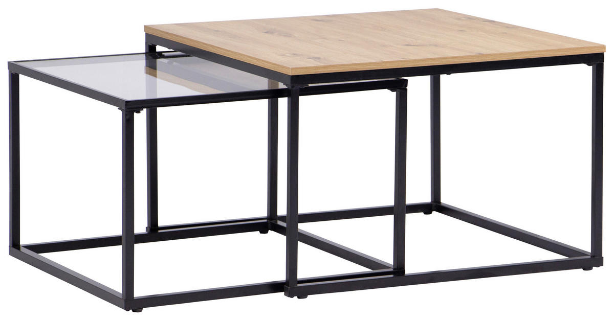 KONFERENČNÝ STOLÍK, čierna, farba duba, kov, sklo, kompozitné drevo, 70/60/45/40/70/60 cm - čierna/farba duba, Konventionell, kov/kompozitné drevo (70/60/45/40/70/60cm) - Boxxx