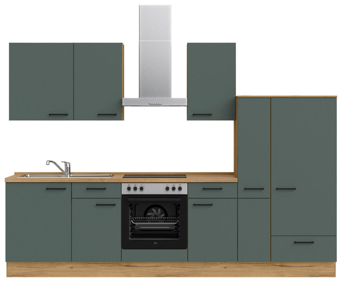 KÜCHENBLOCK 300 cm   in Eichefarben, Dunkelgrün  - Dunkelgrün/Eichefarben, MODERN, Holzwerkstoff/Metall (300cm) - Nobilia