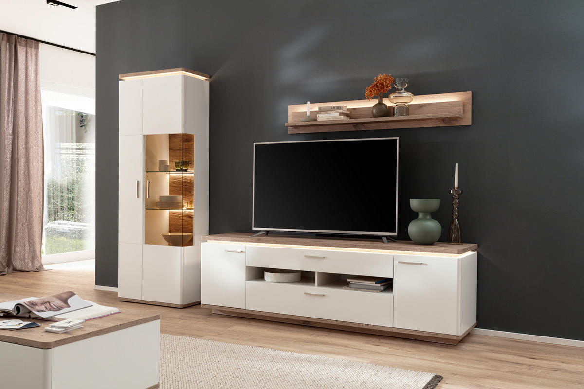 WOHNWAND 3-teilig  in Weiss, Eichefarben 295/208/50 cm  - Weiss/Eichefarben, Design, Glas/Holzwerkstoff (295/208/50cm) - Livetastic