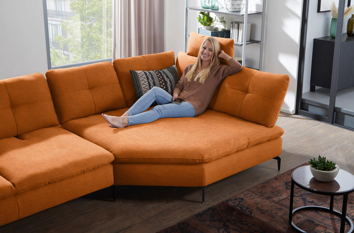 ECKSOFA in Flachgewebe Orange, Rostfarben  - Rostfarben/Schwarz, Design, Textil/Metall (344/157cm) - Chilliano