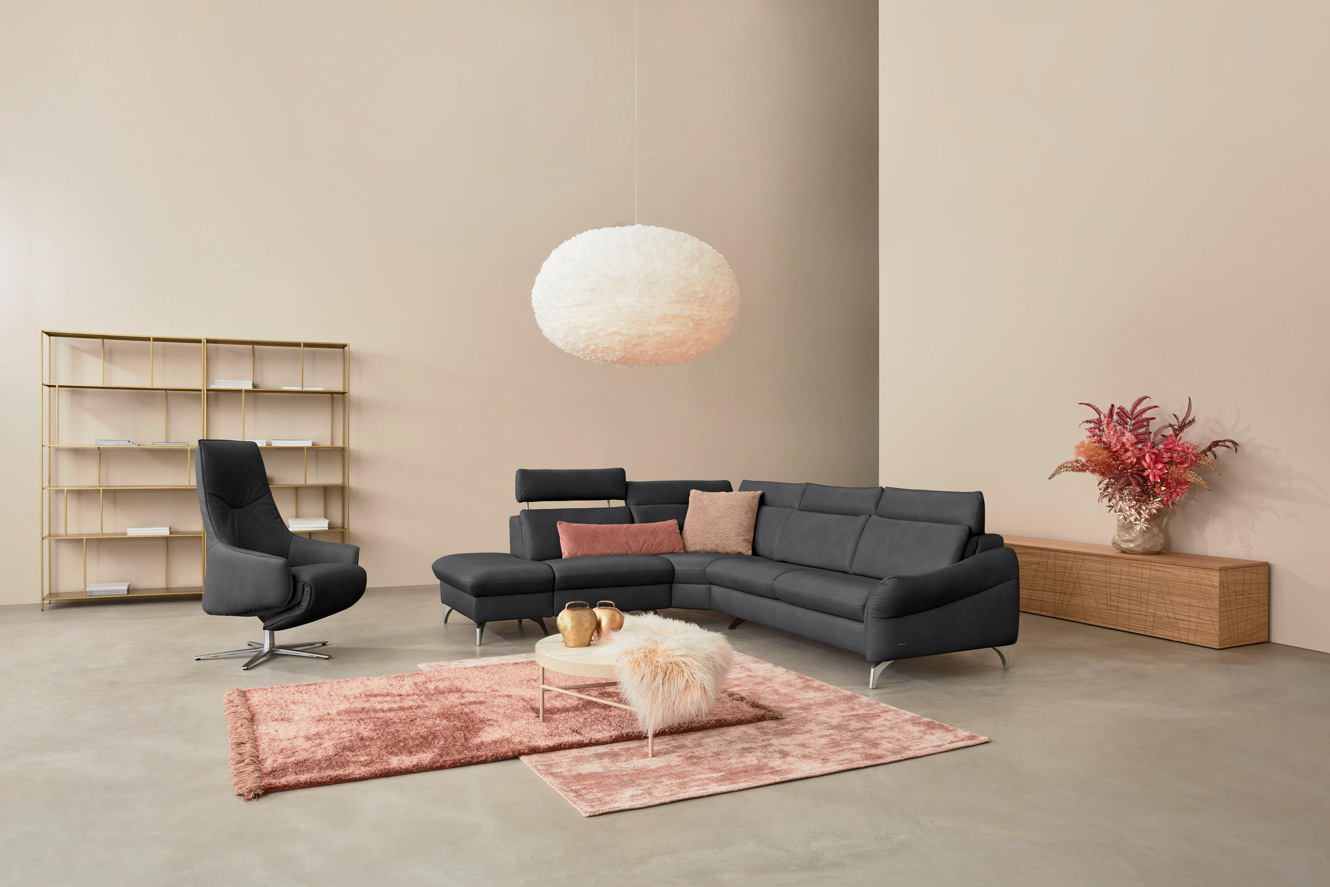 ECKSOFA in Echtleder Dunkelgrau  - Edelstahlfarben/Dunkelgrau, Konventionell, Leder/Metall (242/296cm) - Himolla Komfortklass