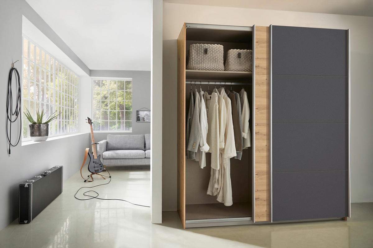 SCHWEBETÜRENSCHRANK 181/197/61 cm 2-türig Graphitfarben, Eiche Artisan  - Graphitfarben/Alufarben, MODERN, Holzwerkstoff/Metall (181/197/61cm) - Rauch Möbel