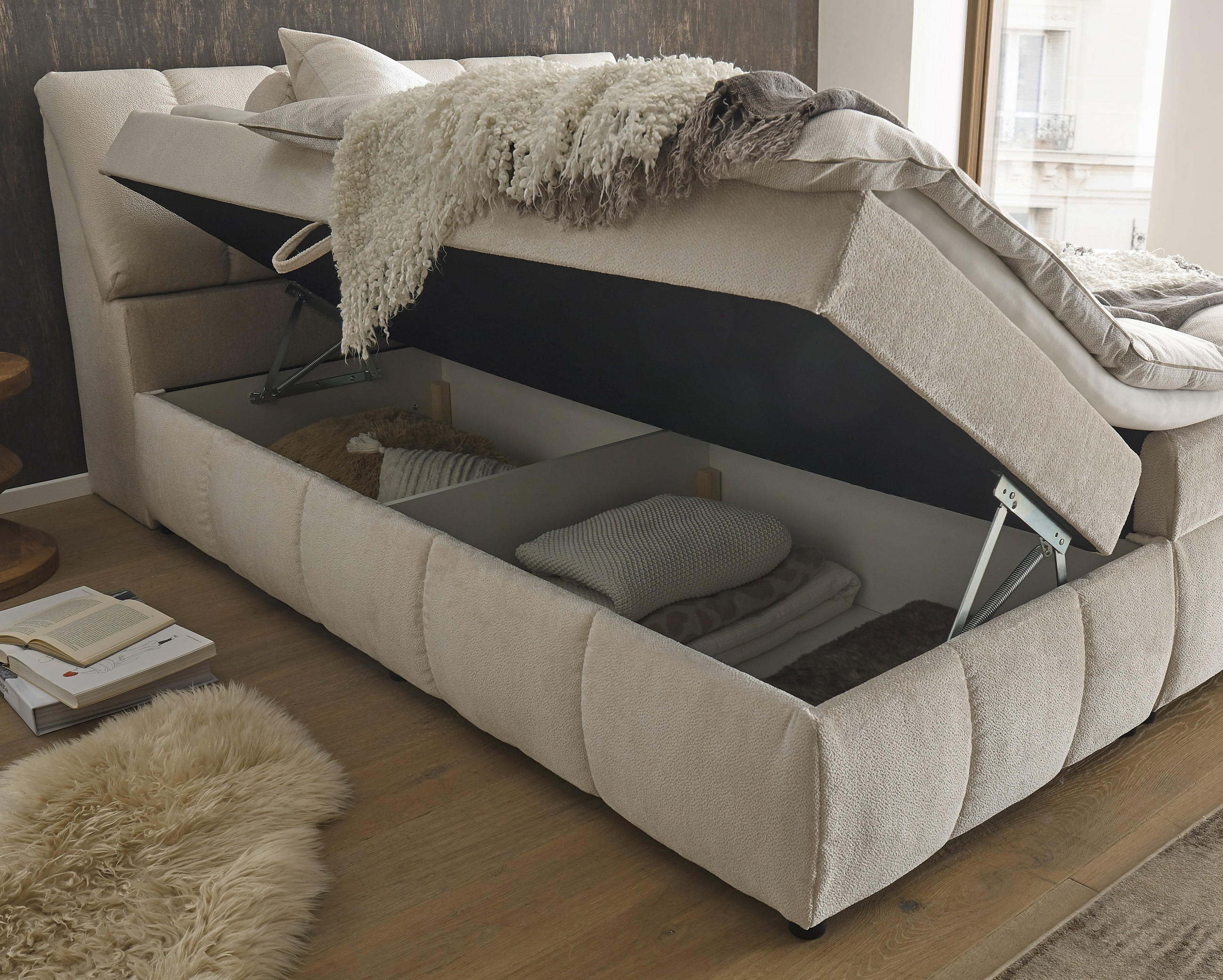 BOX-ÁGY 160/200 cm  bézs  - bézs/fekete, Modern, műanyag/faalapú anyag (160/200cm) - MID.YOU