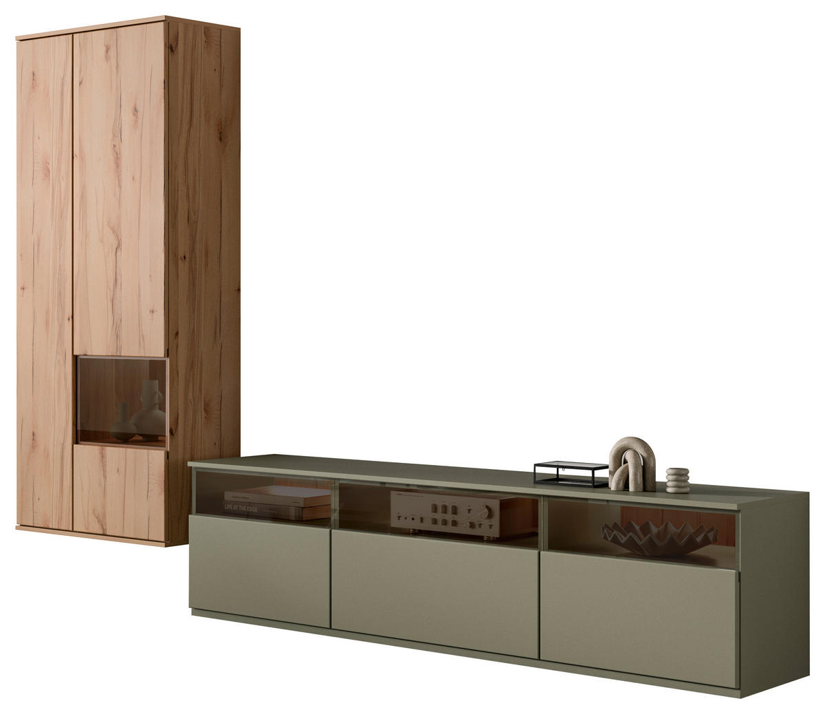 WOHNWAND  in Buchefarben, Schilfgrün  285/215/45 cm  - Schilfgrün/Buchefarben, KONVENTIONELL, Glas/Holzwerkstoff (285/215/45cm) - Venda