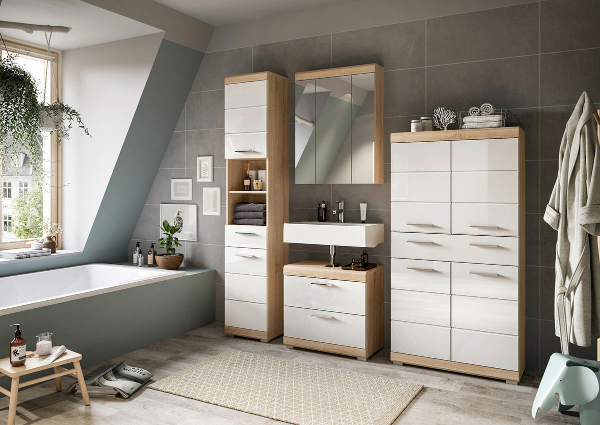 BADEZIMMER 4-teilig  in 171 cm  - Weiß Hochglanz/Silberfarben, MODERN, Glas/Holzwerkstoff (171cm) - MID.YOU