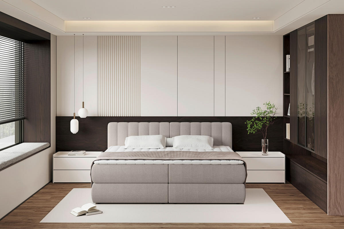 BOXSPRINGBETT 200/200 cm,  in Taupe, gepolstertes Kopfteil, Bettkasten, Topper, Matratzen, H2 + H3 = mittel + fest  - Taupe/Schwarz, Design, Kunststoff/Textil (200/200cm) - Chameo