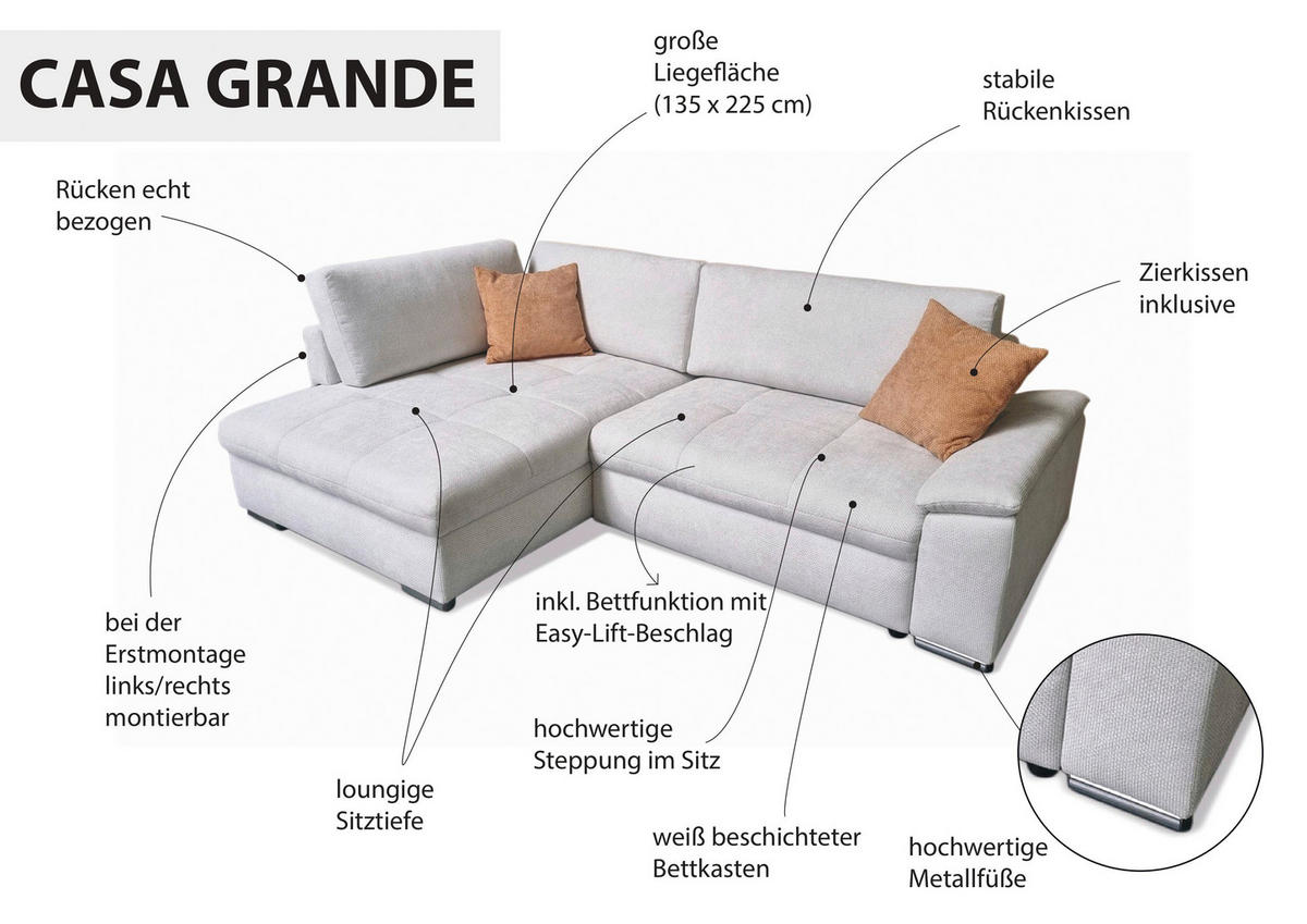 ECKSOFA in Struktur, Chenille Weiss  - Weiss/Silberfarben, Design, Textil/Metall (178/268cm) - Livetastic
