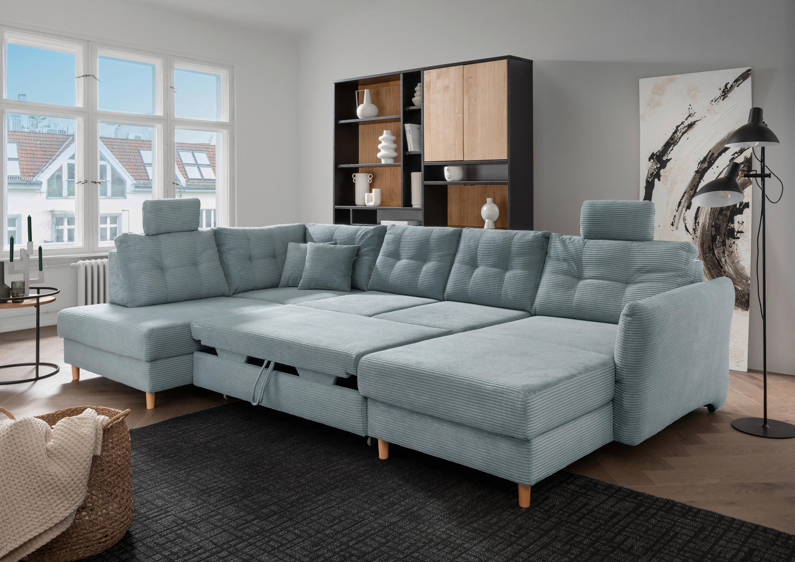 WOHNLANDSCHAFT in Cord Hellblau - Naturfarben/Hellblau, Modern, Holz/Textil (206/338-352/176cm) - Livetastic