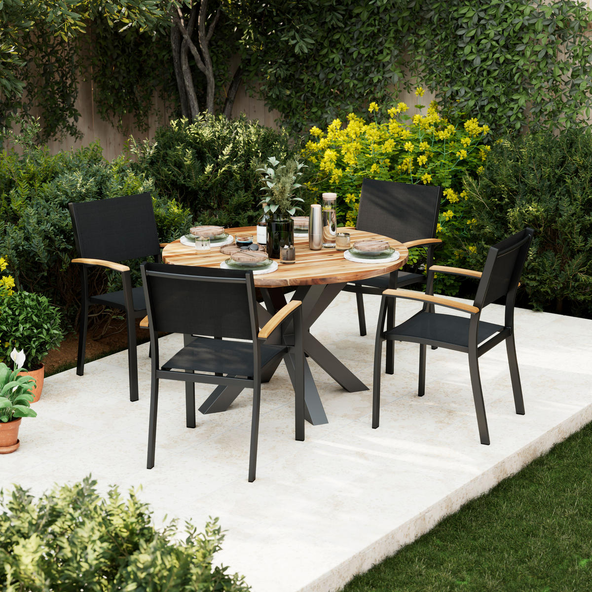 GARTENTISCH 120/120/76 cm Holz, Metall rund  - Schwarz/Akaziefarben, MODERN, Holz/Metall (120/120/76cm) - Ambia Garden