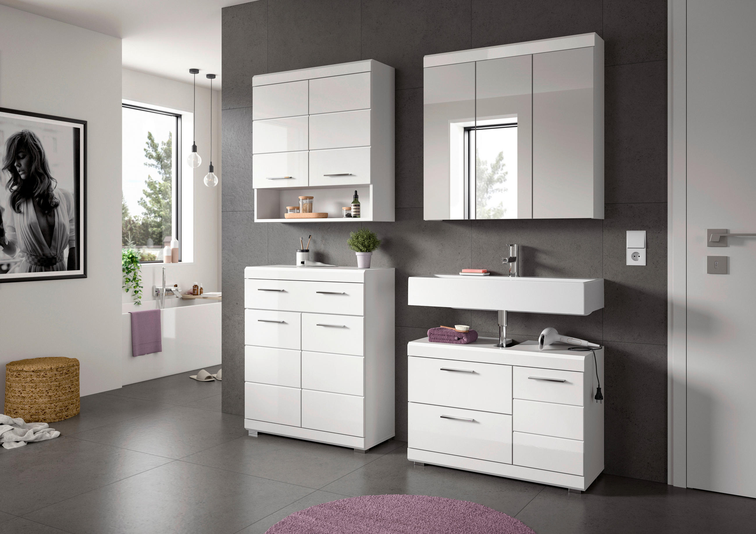BADEZIMMER 4-teilig  in 169 cm  - Weiß Hochglanz/Silberfarben, Trend, Glas/Holzwerkstoff (169cm) - MID.YOU