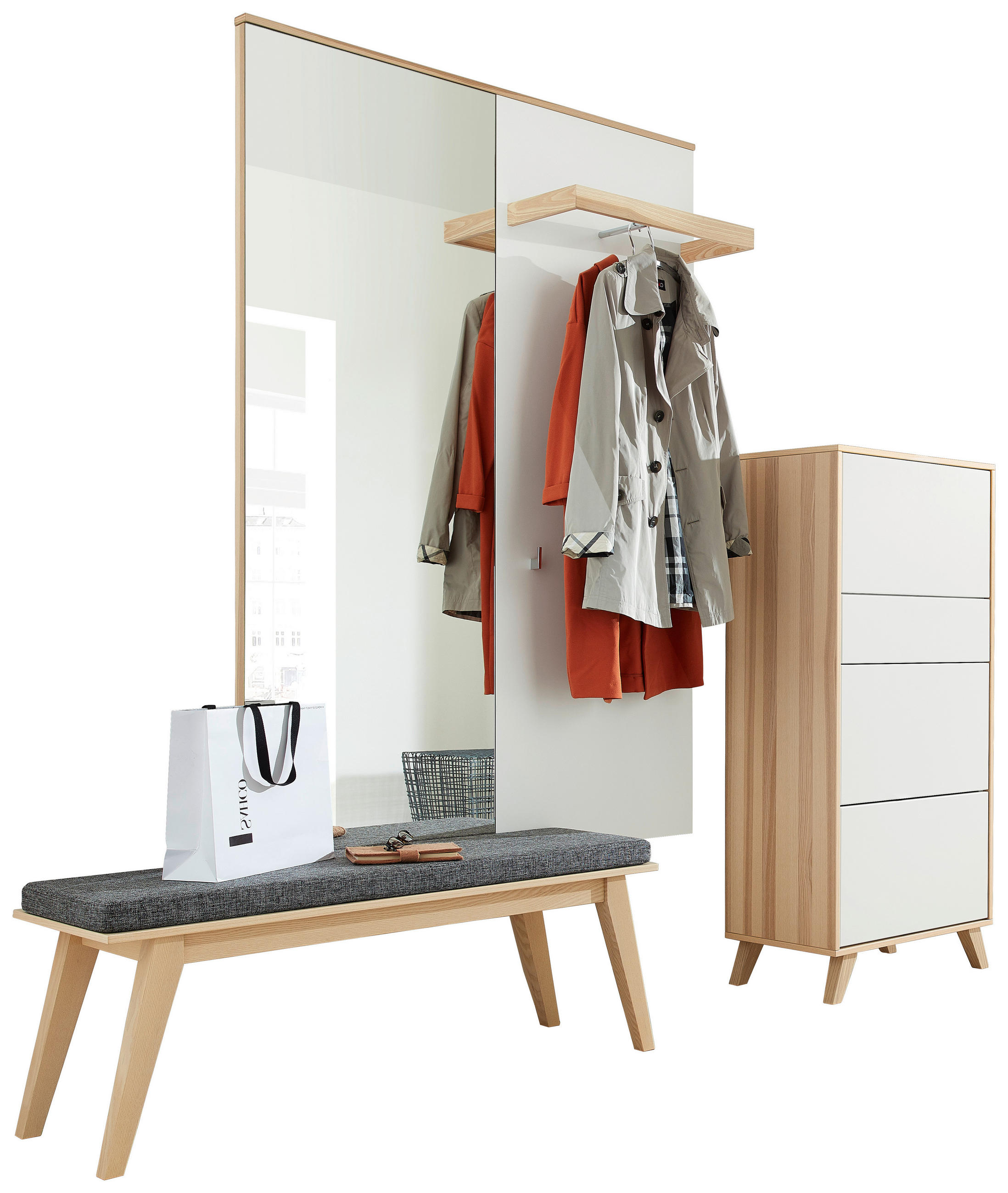 GARDEROBE 3-teilig  in  - Eschefarben/Weiß, Design, Holz - Invivus