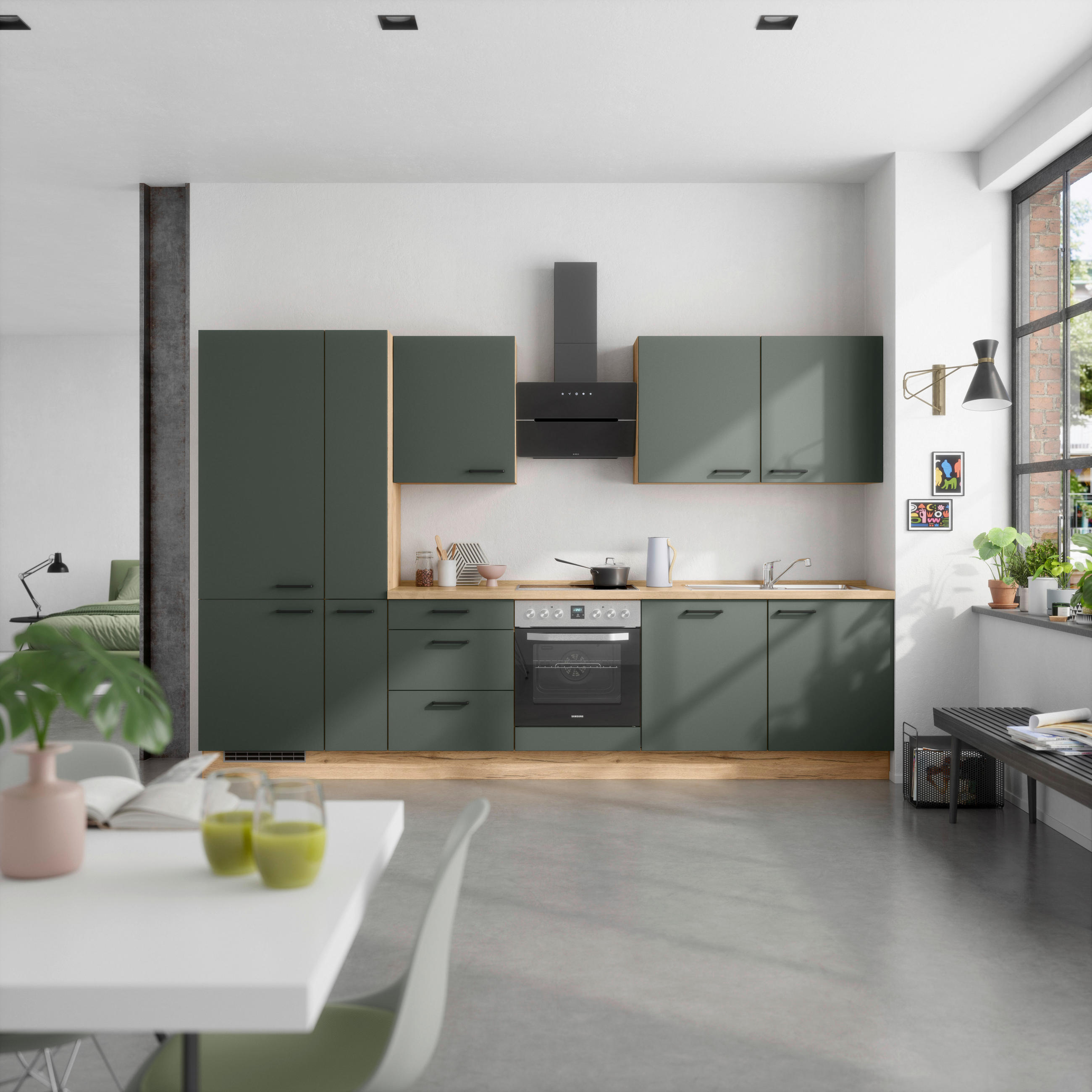KÜCHENBLOCK 330 cm   in Eichefarben, Dunkelgrün  - Dunkelgrün/Eichefarben, MODERN, Holzwerkstoff/Metall (330cm) - Nobilia