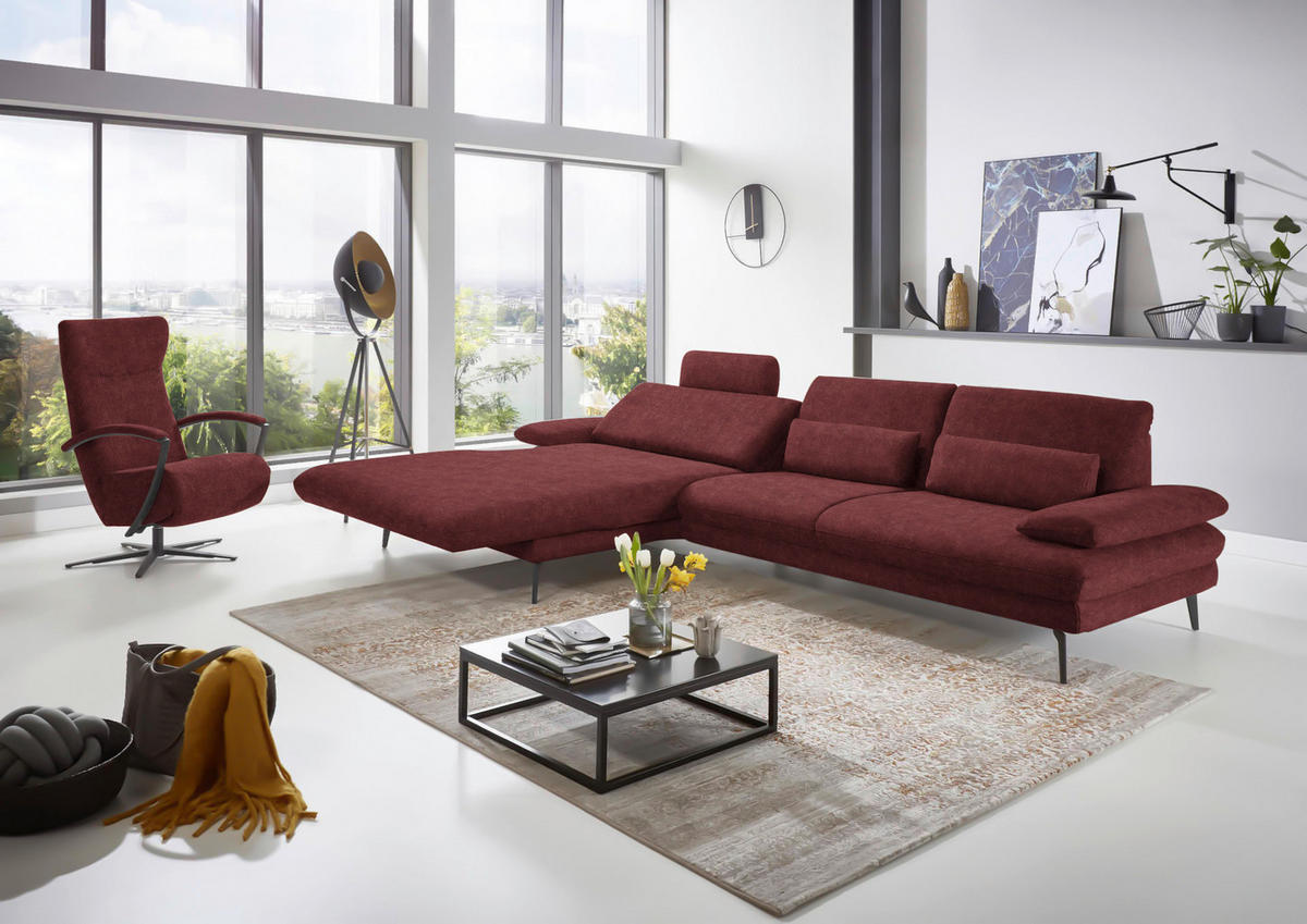 ECKSOFA in Velours Weinrot  - Weinrot/Schwarz, Design, Textil/Metall (180/310cm) - Dieter Knoll