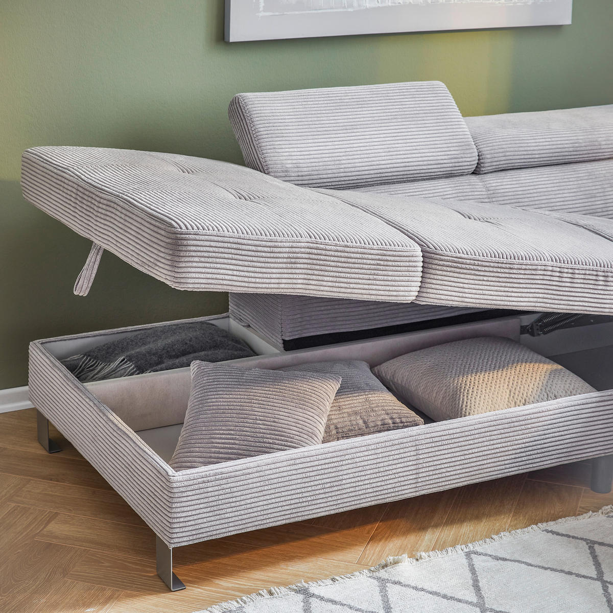 ECKSOFA in Cord Hellgrau  - Silberfarben/Hellgrau, Design, Textil/Metall (226/257cm) - Xora