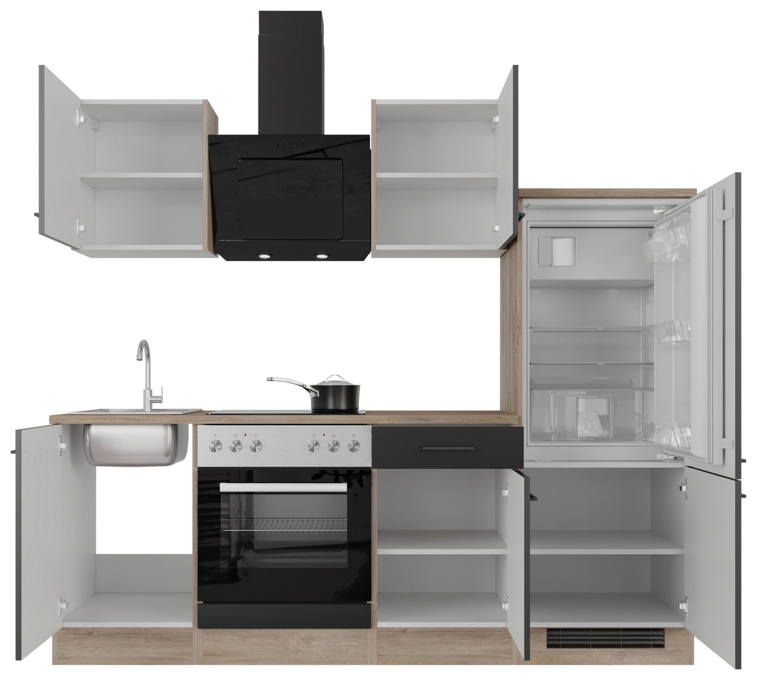 KÜCHENBLOCK 220 cm   in Schwarz, Eichefarben  - Eichefarben/Schwarz, MODERN, Holzwerkstoff/Metall (220cm) - FlexWell