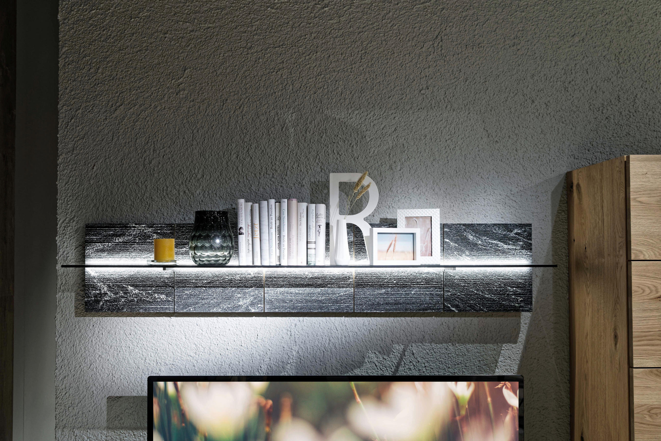 WOHNWAND  in Graphitfarben, Eichefarben  256/203/43 cm  - Eichefarben/Graphitfarben, Design, Glas/Holz (256/203/43cm) - Voglauer