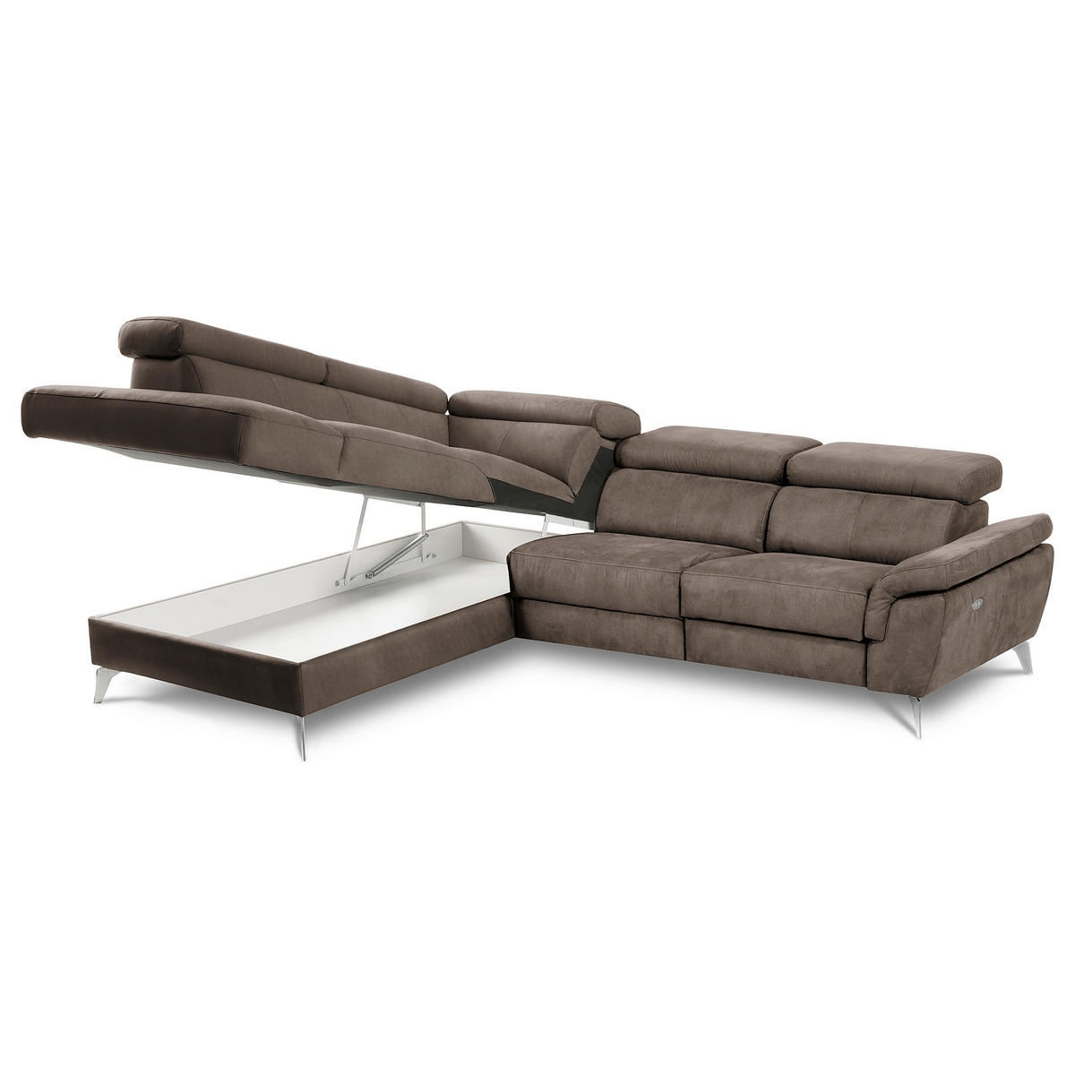 ECKSOFA SONO in Lederlook Braun Bettkasten, Armteilverstellung, Kopfteilverstellung  210/265 cm  - Chromfarben/Braun, Design, Textil/Metall (210/265cm) - Livetastic