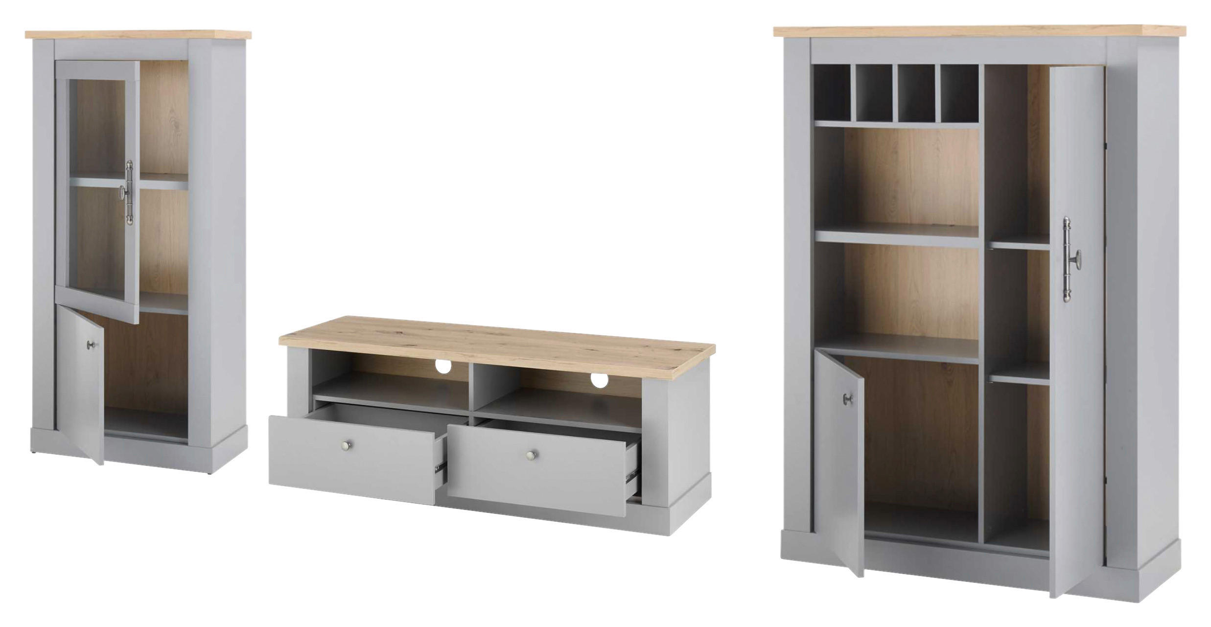 WOHNWAND 3-teilig in Eichefarben, Hellgrau 323/142/44 cm - Eichefarben/Silberfarben, Design, Holzwerkstoff/Metall (323/142/44cm) - MID.YOU