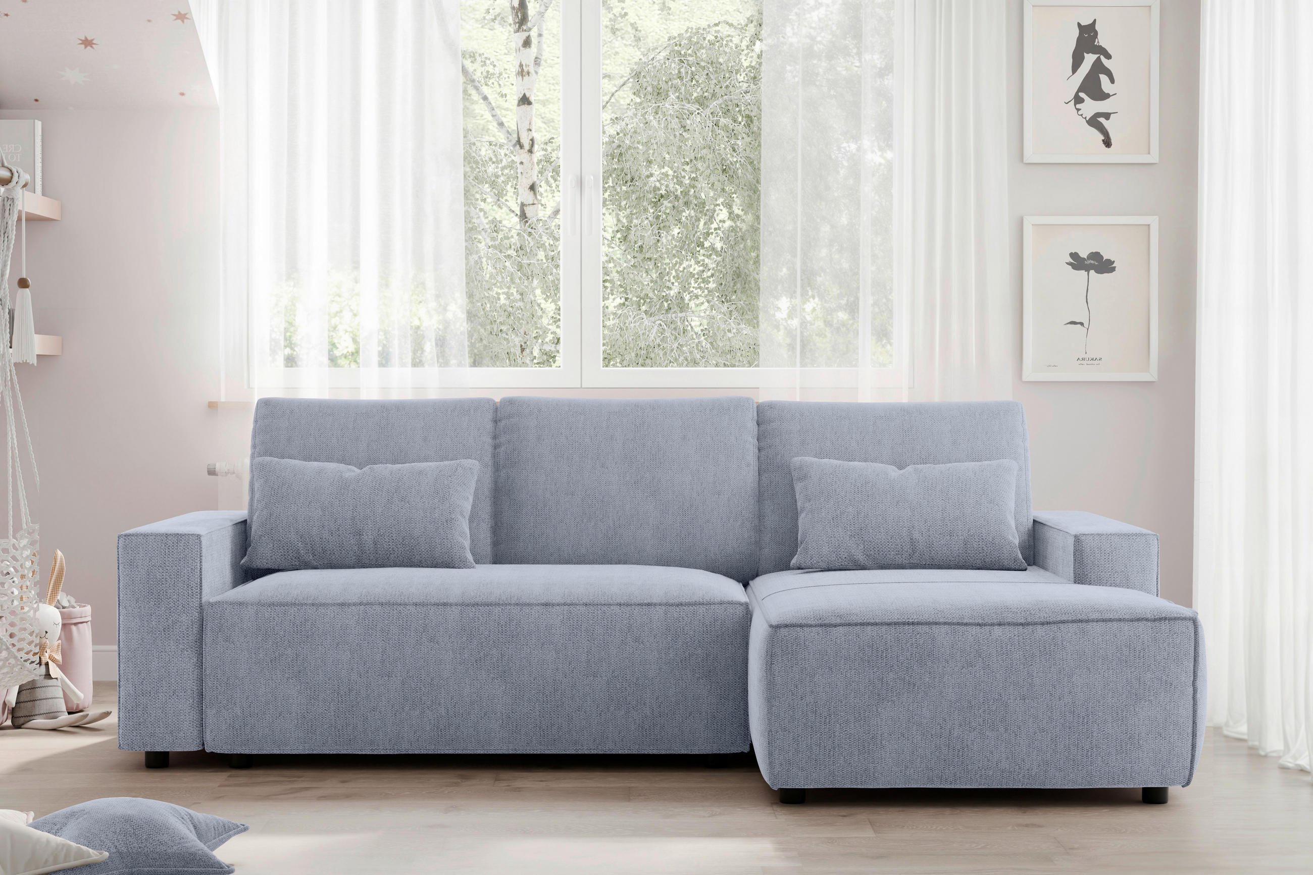 ECKSCHLAFSOFA  mit seitenverkehrt erhältlich, Rücken echt Chenille Hellblau  - Schwarz/Hellblau, MODERN, Kunststoff/Textil (247/154cm) - Livetastic