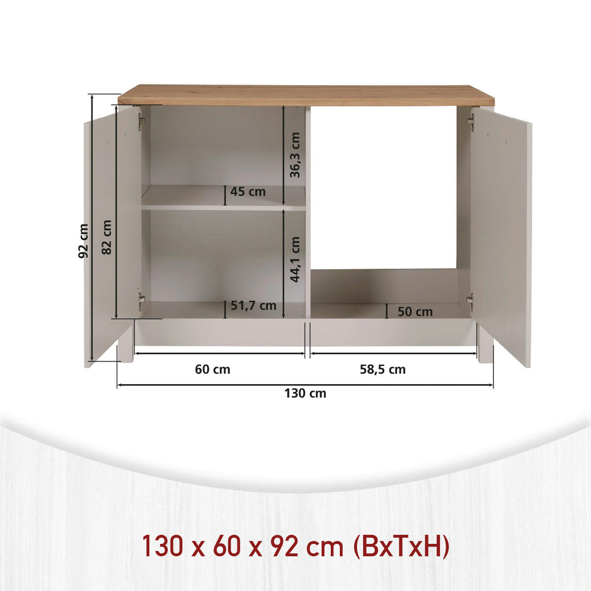 SPÜLENUNTERSCHRANK 130/92/60 cm  in Kaschmir, Eiche Artisan  - Kaschmir/Silberfarben, ROMANTIK / LANDHAUS, Holzwerkstoff/Metall (130/92/60cm) - home24