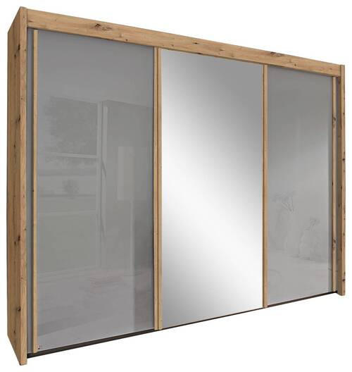 SCHWEBETÜRENSCHRANK 225/197/65 cm 3-türig - Eiche Artisan/Grau, Basics, Glas/Holzwerkstoff (225/197/65cm) - Cantus