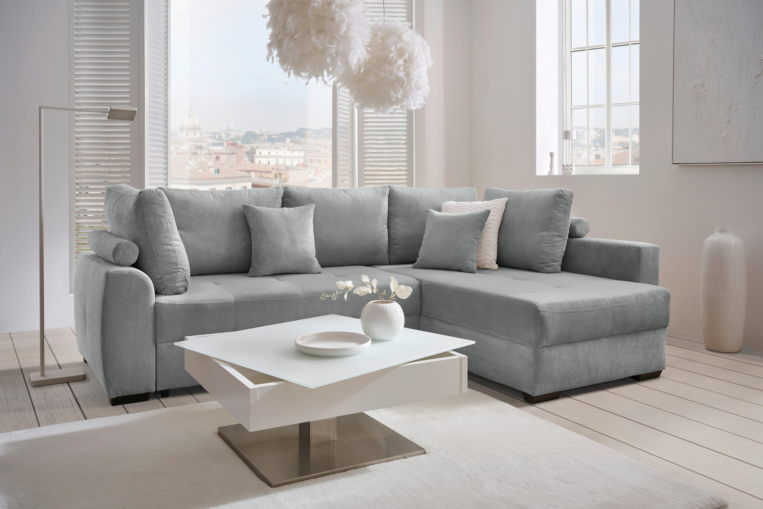 ECKSOFA inkl. Funktionen Grau Cord  - Schwarz/Grau, Design, Kunststoff/Textil (265/182cm) - Stylife
