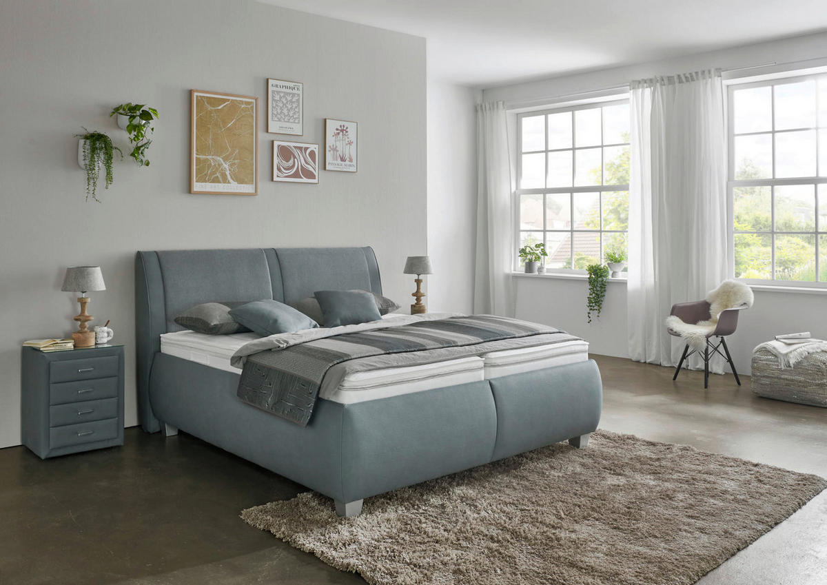 POLSTERBETT 180/200 cm,  in Blaugrau, Matratze, Lattenrost, Bettkasten, unterschiedliche Matratzenhärtegrade je Bettseite, H2 + H2 = mittel  - Silberfarben/Blaugrau, Design, Holzwerkstoff/Kunststoff (180/200cm) - Beldomo - Sleep