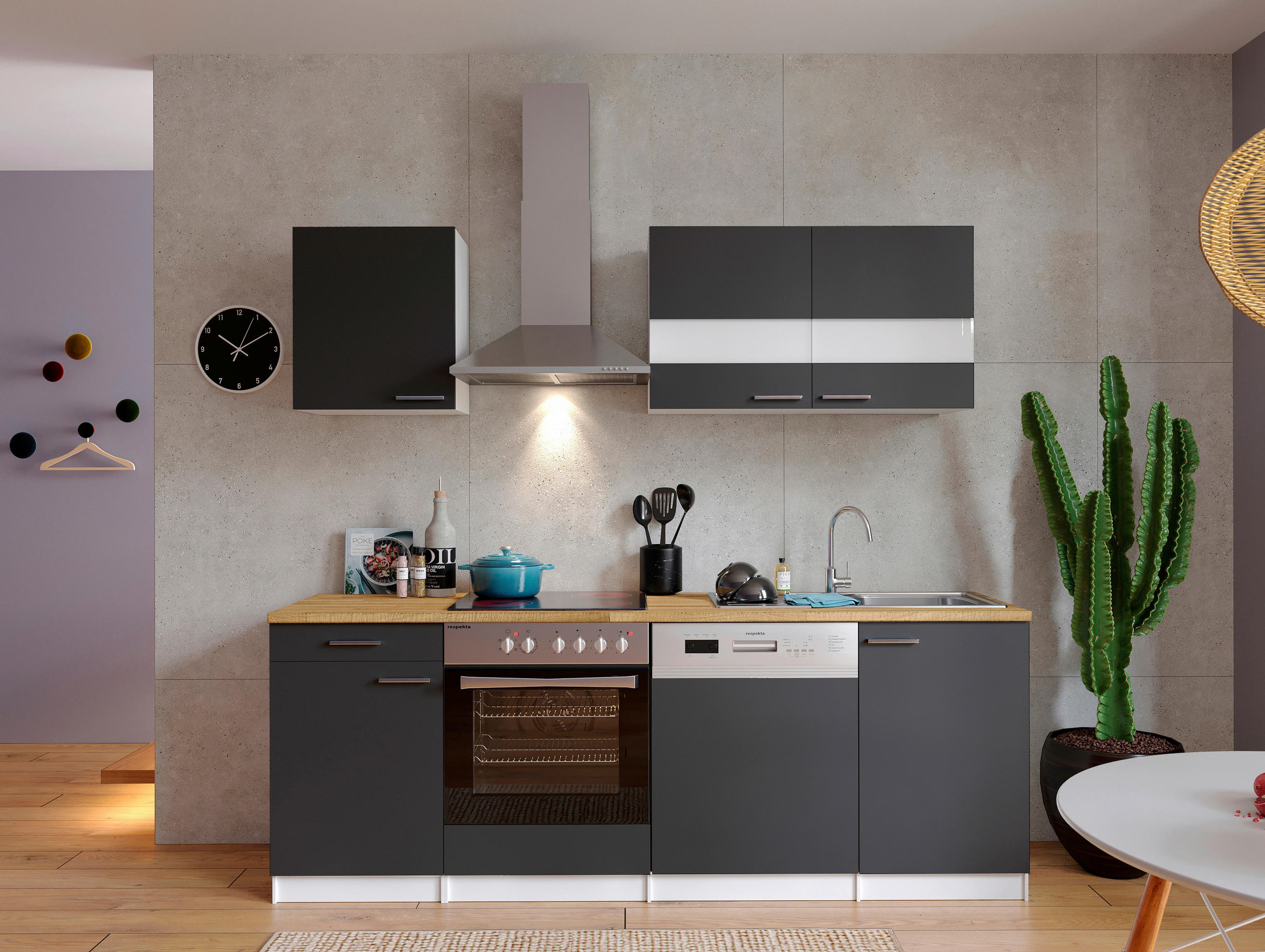 KÜCHENBLOCK 220 cm   in Grau  - Edelstahlfarben/Nussbaumfarben, Basics, Holzwerkstoff/Metall (220cm) - Respekta