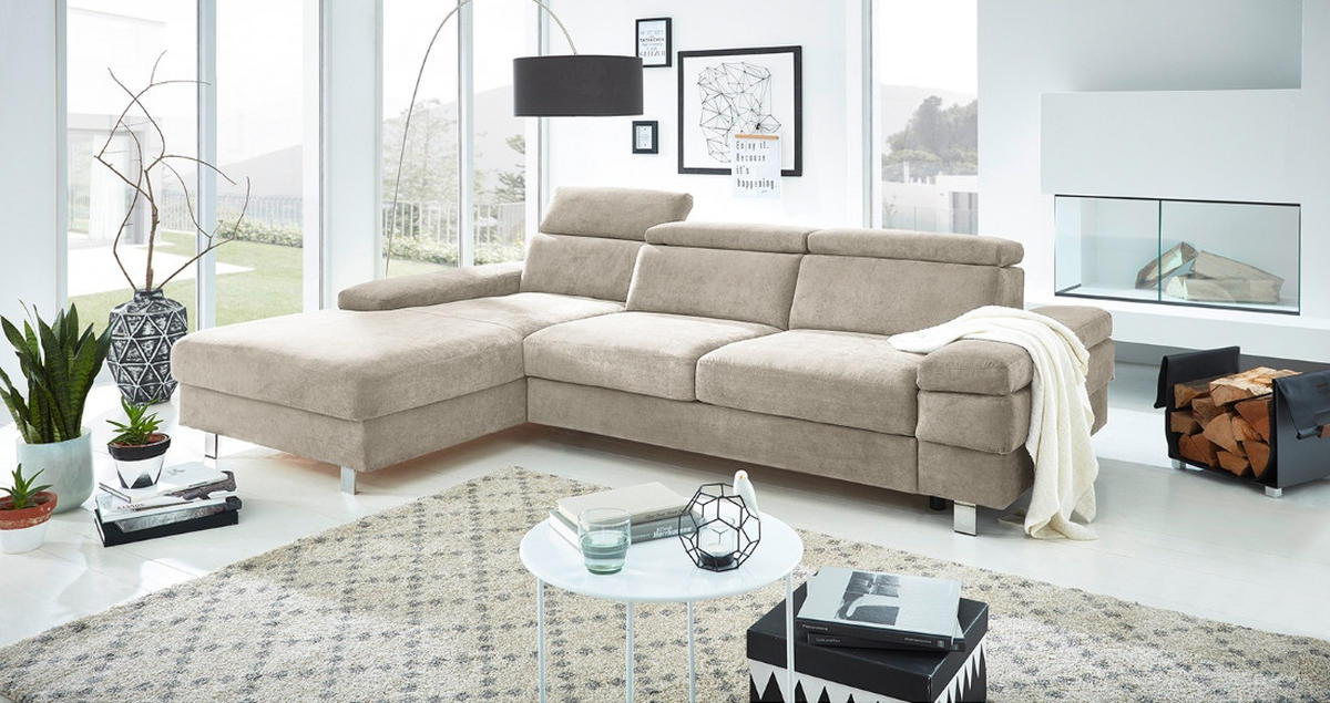 ECKSOFA in Webstoff Greige  - Greige/Silberfarben, KONVENTIONELL, Textil/Metall (260/82/182cm) - Trendmanufaktur