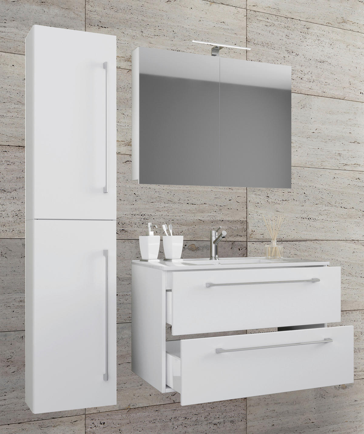 BADEZIMMER 4-teilig  in 93 cm  - Alufarben/Weiß, MODERN, Keramik/Holzwerkstoff (93cm) - MID.YOU