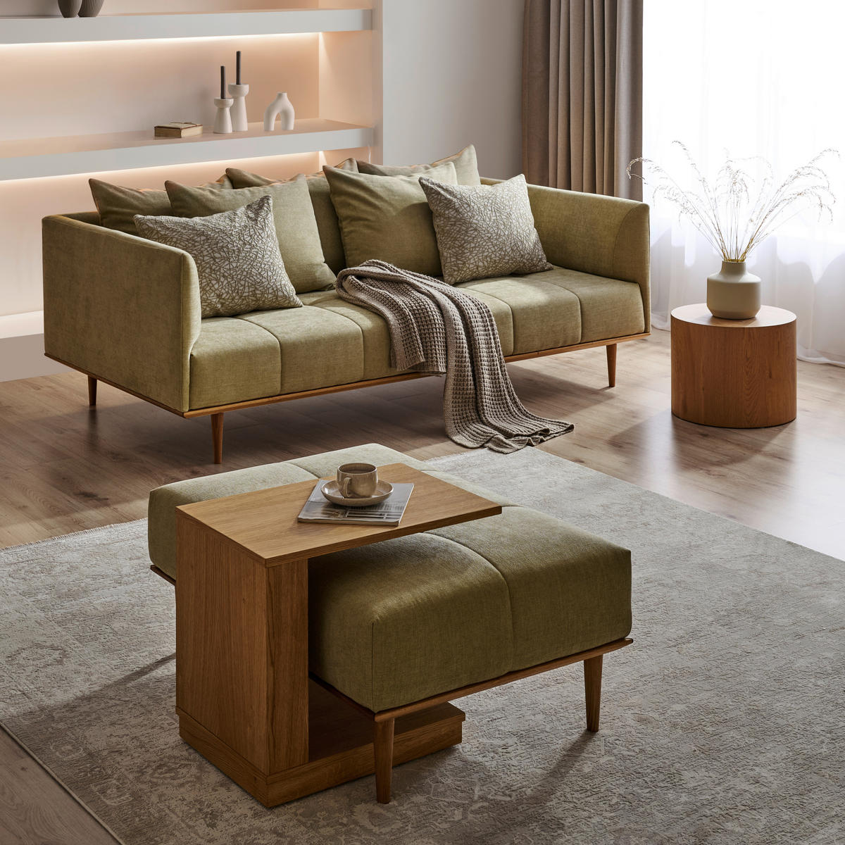 BIGSOFA  in Flachgewebe Grün  - Eichefarben/Grün, Design, Holz/Textil (220/77/120cm) - Joka