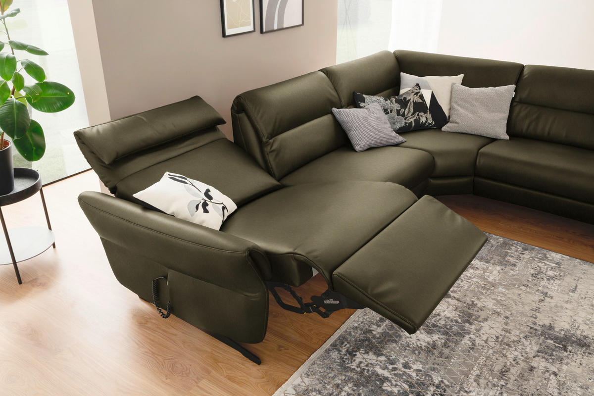 ECKSOFA Olivgrün Echtleder  - Schwarz/Olivgrün, Design, Leder/Metall (286/258cm) - Schöner Wohnen