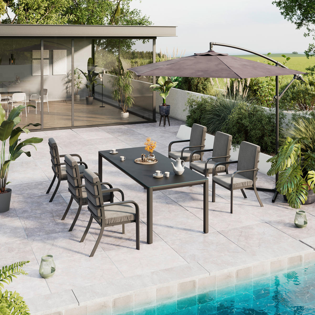 GARTENTISCH 220/74/90 cm Metall, Glas Dunkelgrau rechteckig  - Dunkelgrau, Trend, Glas/Metall (220/74/90cm) - Ambia Garden