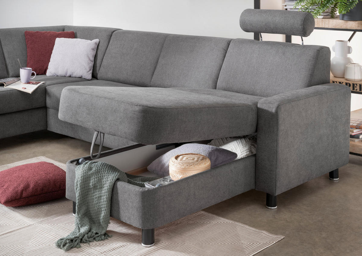 WOHNLANDSCHAFT in Webstoff Dunkelgrau  - Dunkelgrau/Schwarz, Design, Holz/Textil (165/296/198cm) - Xora