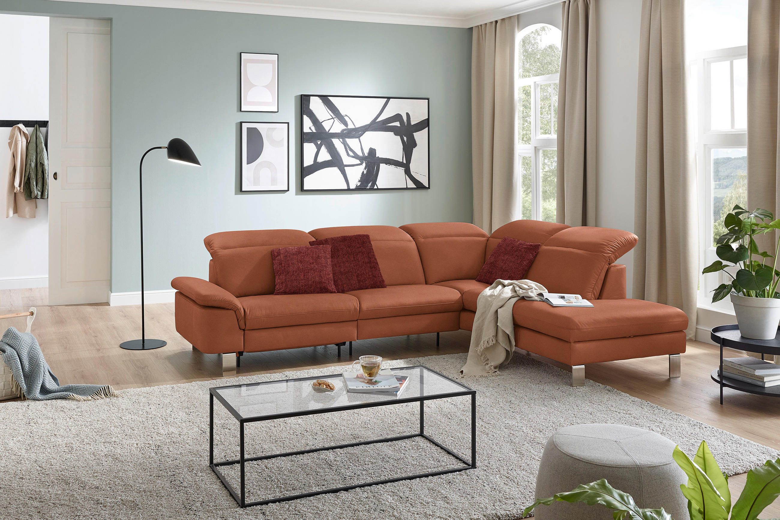 ECKSOFA in Echtleder Cognac  309/233 cm  - Edelstahlfarben/Cognac, Design, Leder/Metall (309/233cm) - Dieter Knoll