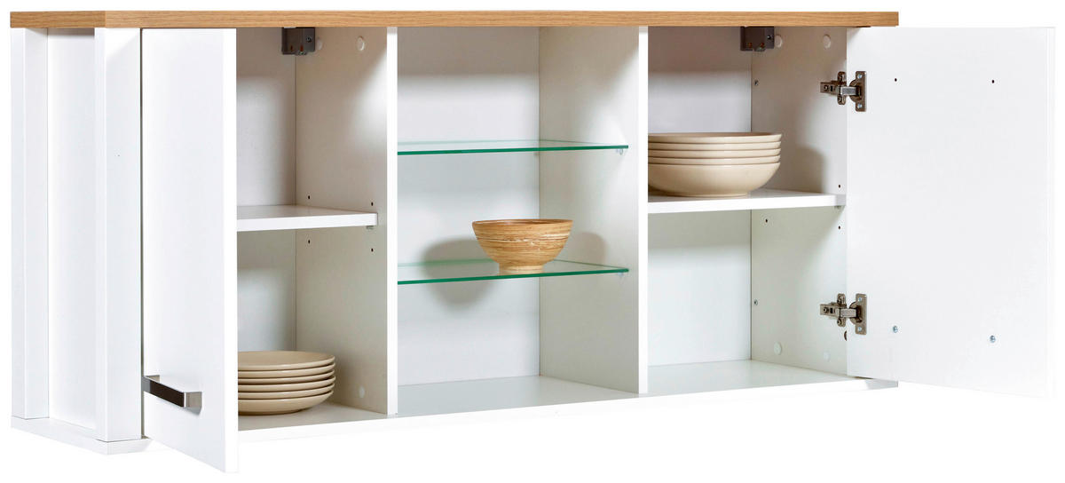 KÜCHENOBERSCHRANK 130/57/33 cm  in Weiß, Eiche Artisan  - Silberfarben/Weiß, MODERN, Glas/Holzwerkstoff (130/57/33cm) - home24