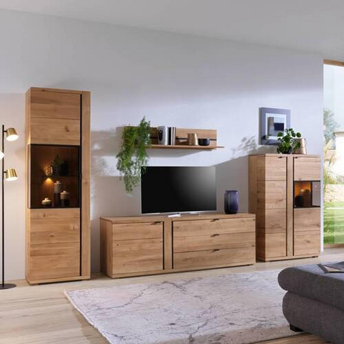 WOHNWAND  in Schwarz, Eichefarben 360/195,5/46.5 cm  - Eichefarben/Anthrazit, Natur, Glas/Holz (360/195,5/46.5cm) - Linea Natura
