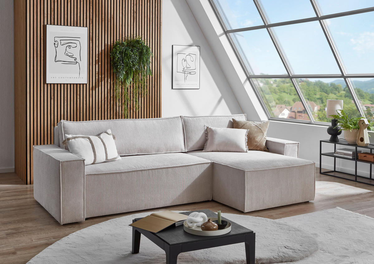 ECKSCHLAFSOFA Feincord Naturfarben  inkl. Rückenkissen, Bettkasten, Schlaffunktion, Rücken echt, Liegefläche im Originalstoff  - Schwarz/Naturfarben, MODERN, Kunststoff/Textil (266/150cm) - Carryhome