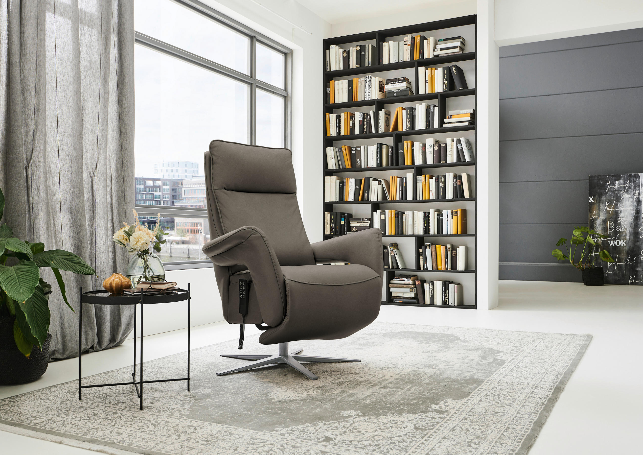 RELAXSESSEL in Leder Graubraun  - Edelstahlfarben/Graubraun, Design, Leder/Metall (79-83/116/87-176cm) - Valdera