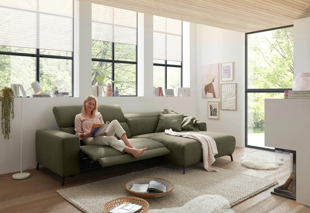 ECKSOFA in Feincord Olivgrün  - Schwarz/Olivgrün, Design, Textil/Metall (294/172-177cm) - Pure Home Lifestyle