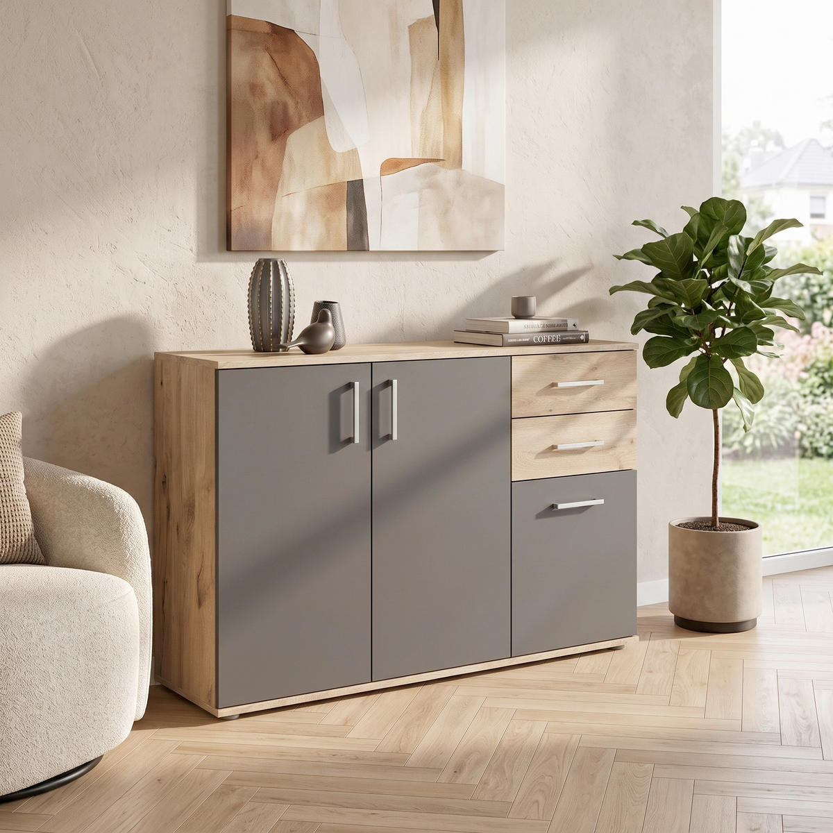 KOMODA S VRATIMA - siva/boja hrasta, Dizajnerski, pločasti materijal/plastika (120/84/35cm) - Carryhome