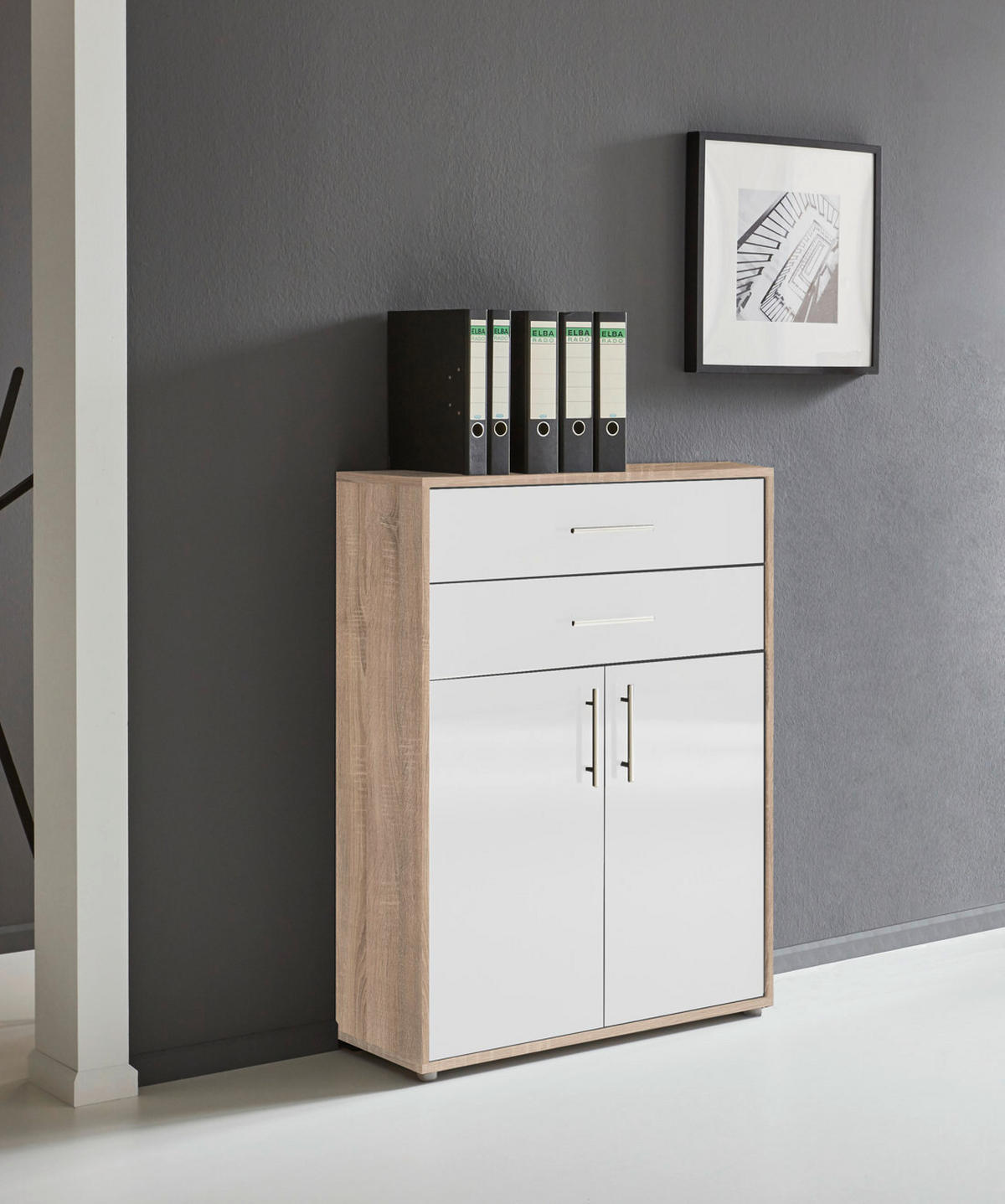 AKTENSCHRANK Sonoma Eiche, Weiß Hochglanz  - Weiß Hochglanz/Sonoma Eiche, MODERN, Holzwerkstoff (253,2/113,6/33cm) - MID.YOU