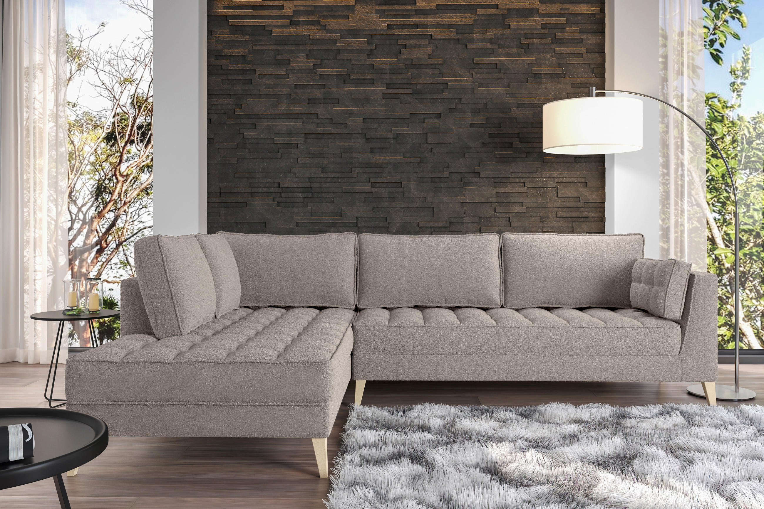 HÖRNSOFFA i bouclé taupe  - taupe/naturfärgad, Design, trämaterial/textil (204/310cm) - MID.YOU