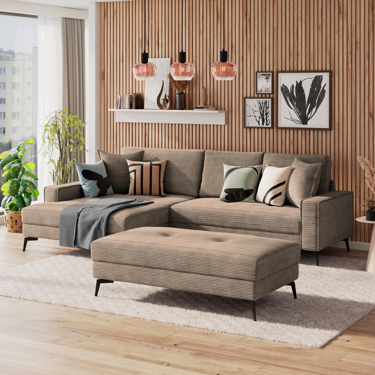 ECKSOFA ZERO Braun Cord Zierkissen, Rückenkissen  - Schwarz/Braun, Trend, Textil/Metall (173/286cm) - Livetastic