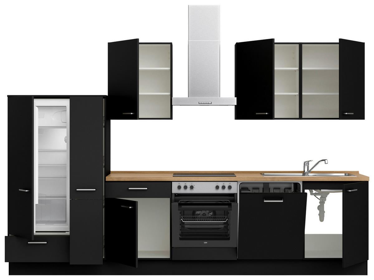 KÜCHENLEERBLOCK 330 cm   in Schwarz, Eichefarben  - Edelstahlfarben/Eichefarben, MODERN, Holzwerkstoff/Metall (330cm) - Nobilia