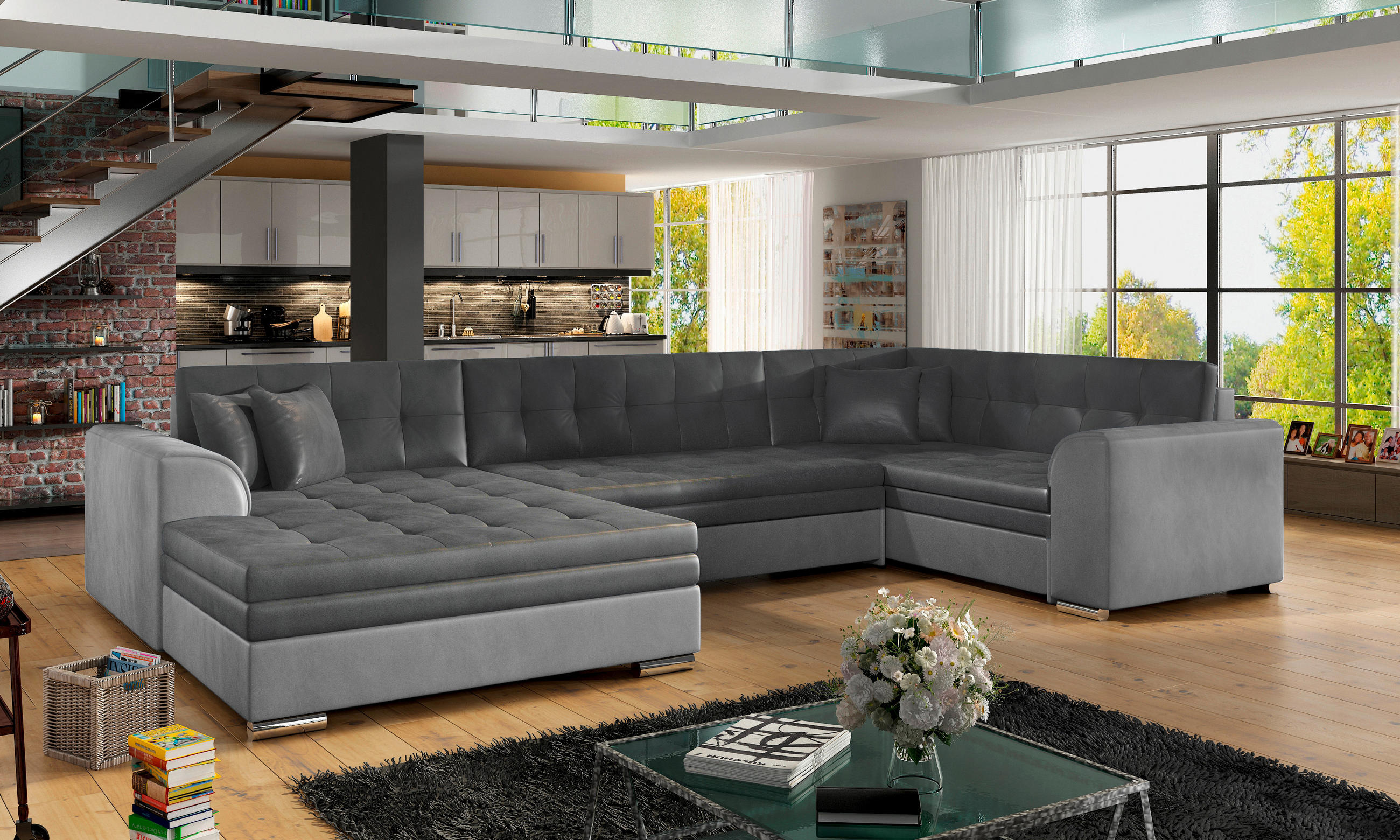 WOHNLANDSCHAFT Grau, Hellgrau Samt  - Chromfarben/Hellgrau, Design, Textil/Metall (189/338/189cm) - MID.YOU