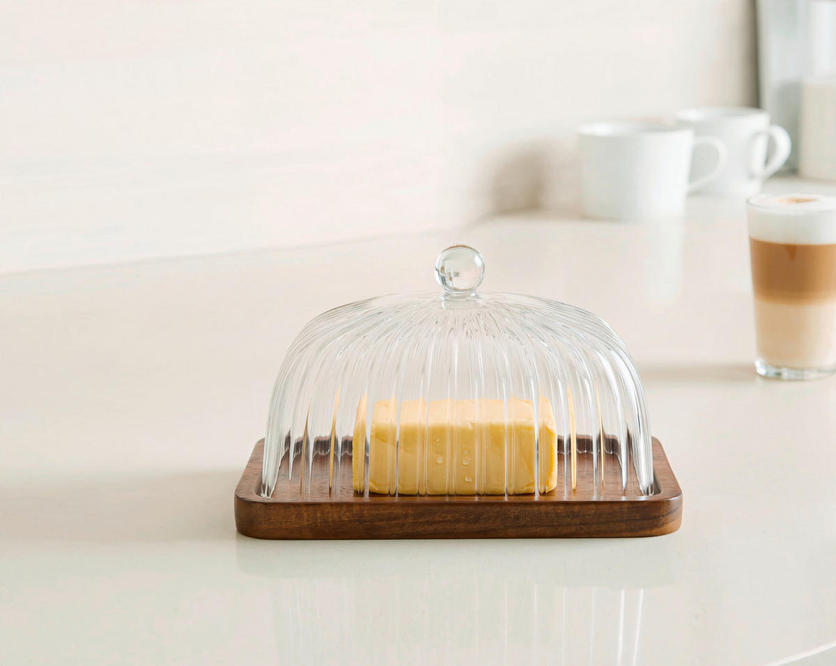 BUTTERDOSE Holz, Glas  - Klar/Akaziefarben, LIFESTYLE, Glas/Holz (17/12,5/10cm) - Ambia Home