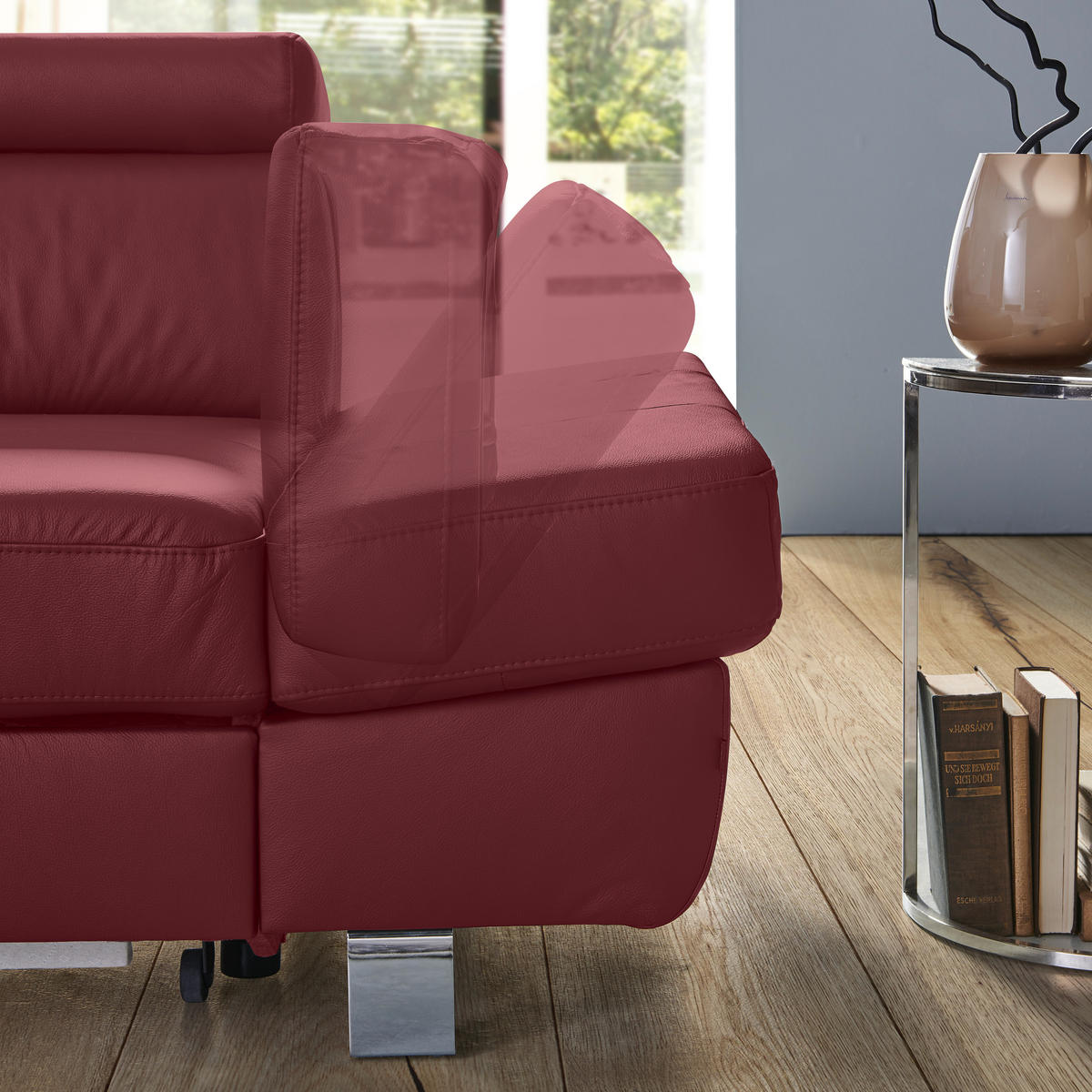 Ecksofa inkl. Funktion Bordeaux Kombination Echtleder/Lederlook Lederlook  - Chromfarben/Bordeaux, Design, Leder/Textil (265/212cm) - Stylife