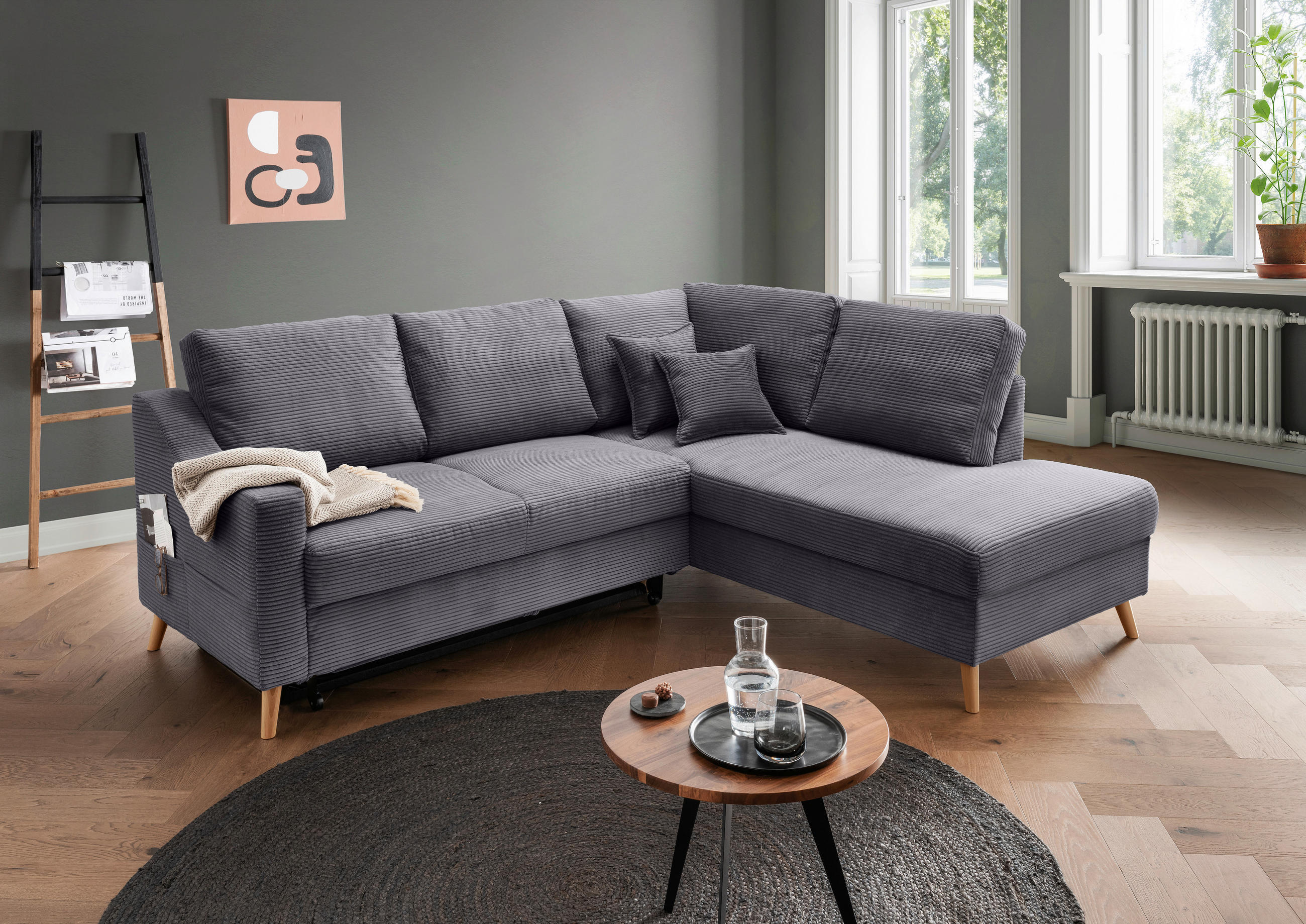 ECKSOFA in Cord Grau  - Naturfarben/Grau, Modern, Holz/Textil (230/200cm) - Livetastic